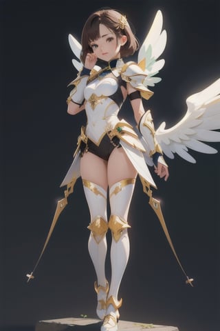 1 girl, angel, white armor, golden details, beautiful, skinny, teen loli, 16 years, sexy, looking_at_viewer, brunette, green_eyes, hand on face, full_body, standing_up, cute, large_wings, background_city