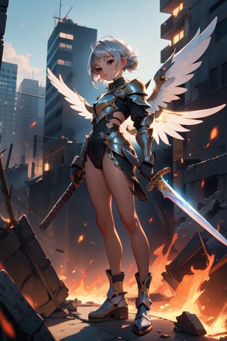 1 girl, angel, white armor, golden details, beautiful, skinny, teen loli, 16 years, sexy, looking_at_viewer, silver_hair, green_eyes, brown skin, hand on face, full_body, standing_up, cute, large_wings, upper view, destroyed city_background, holding a fire sword, menace looking, 8k wallpaper, masterpiece, great definition, detailed face