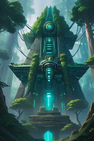 Ancient alien Temple, voltron, altean, organic but furutistic, covered in trees, glowing cables and tech.