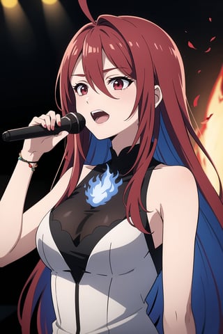 elizabethbloodflame, very long hair, ahoge, red eyes, blue fire, straight hair, sidelocks, parted bangs, blue hair, multicolored hair, hair between eyes, jewelry, red hair, large breasts,singing_on_stage, upper body,