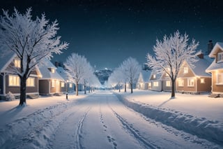 path of a winter night, among the lights reflect the houses that illuminate the city, making it a splendid and wonderful place, realistic with lights and shadows, high quality cinematographic scenography, breathtaking scene of a great masterpiece, crazy 8k graphics, everything is detailed