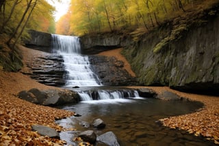 at the end of a waterfall there is a flowing river, reflected in the autumn colors fallen leaves carried by the beauty of the flowing river, realistic environment with lights and shadows, very high quality cinematographic scenography, breathtaking scene of a great masterpiece, crazy 8k graphics , all wonderful and photorealistic detailed, kitakoumae