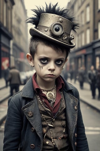 19th century punk, cinematic, vintage, daguerreotype photo, mixed media collage, double exposure, emotionally expressive Oliver Twist as Victorian era punk rocker street urchin, big pleading eyes, Tim Burton, Mark Ryden, Mohawk hairdo, eyeliner, London streets background, tattered punk clothing, metal studs.