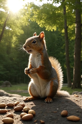 natural scenery, the squirrel eats nuts, realistic environment with sun reflections and shadows, very high quality cinematographic scenography, breathtaking scene of a great masterpiece, crazy 8k graphics, everything wonderful and detailed photorealistic, kitakoumae