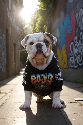 english bulldog puppy dressed in hiphop, in a neighborhood with graffiti, realistic environment with sun reflections and shadows, very high quality cinematographic scenography, breathtaking scene of a great masterpiece, crazy 8k graphics, everything wonderful and detailed photorealistic, kitakoumae