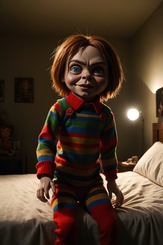 realistic puppet from the film Child's Play, in the Dolce & Gabbana modern style horror bedroom, modern year 2030 furnishings, realistic environment with solar reflections and shadows, very high quality cinematographic scenography, breathtaking scene of a great masterpiece, crazy 8k graphics, everything wonderful and detailed photorealistic, kitakoumae