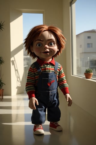 realistic puppet from the film Child's Play, in the Dolce & Gabbana modern style house, modern Scavolini furniture from the year 2030, realistic environment with solar reflections and shadows, very high quality cinematographic scenography, breathtaking scene of a great masterpiece, crazy 8k graphics, everything wonderful and detailed photorealistic, kitakoumae