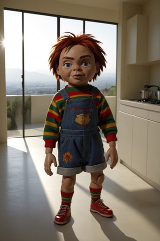 realistic puppet from the film Child's Play, in the Dolce & Gabbana modern style house, modern Scavolini furniture from the year 2030, realistic environment with solar reflections and shadows, very high quality cinematographic scenography, breathtaking scene of a great masterpiece, crazy 8k graphics, everything wonderful and detailed photorealistic, kitakoumae