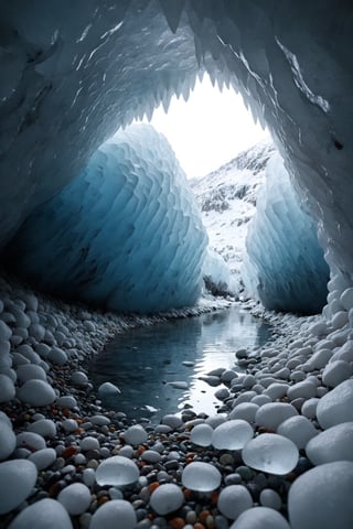 natural scenery, ice cave with colored pebbles, realistic winter environment with solar reflections and shadows, very high quality cinematographic scenography, breathtaking scene of a great masterpiece, crazy 8k graphics, everything wonderful and detailed photorealistic, kitakoumae