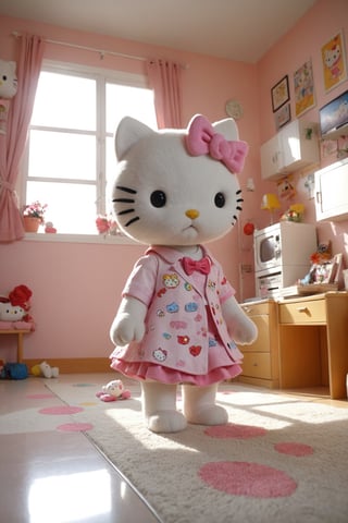 funny dressed puppy hello kitty, colorful apartment with many games, realistic environment with solar reflections and shadows, very high quality cinematographic scenography, breathtaking scene of a great masterpiece, crazy 8k graphics, everything wonderful and detailed photorealistic, kitakoumae