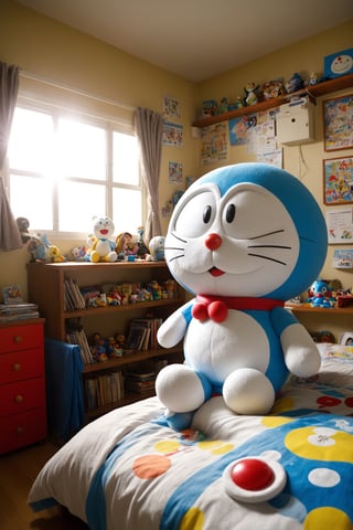 Doraemon puppet plays in his colorful bedroom with lots of games, realistic environment with solar reflections and shadows, very high quality cinematographic scenography, breathtaking scene of a great masterpiece, crazy 8k graphics, everything wonderful and photorealistic detailed, kitakoumae