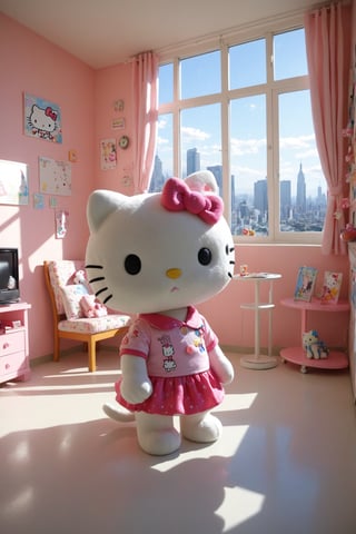 funny dressed puppy hello kitty, colorful apartment with many games, realistic environment with solar reflections and shadows, very high quality cinematographic scenography, breathtaking scene of a great masterpiece, crazy 8k graphics, everything wonderful and detailed photorealistic, kitakoumae