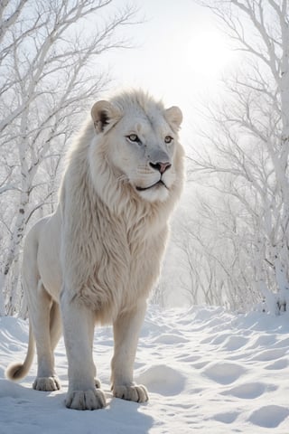 natural scenery, white lion in winter, realistic environment with sun reflections and shadows, very high quality cinematographic scenography, breathtaking scene of a great masterpiece, crazy 8k graphics, everything wonderful and detailed photorealistic, kitakoumae