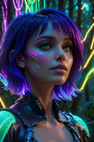 close up portrait, lucid dream-like woman, off-centered, looking off in distance  style | daydreampunk, beautiful, she is dripping in neon lights, colorful, bioluminescent, glowing  background | forest, vivid neon wonderland, particles, blue, green, purple parameters | golden ratio, hyper- maximalist, octane render, photorealism, cinematic realism, unreal engine, 8k, assymetric composition