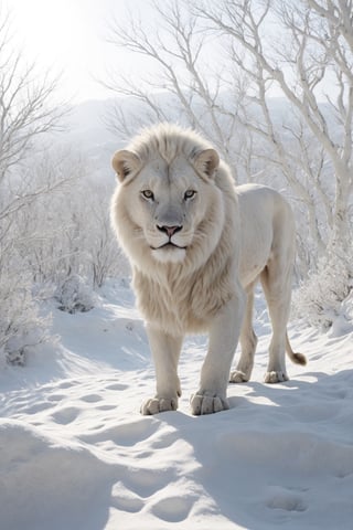 natural scenery, white lion in winter, while hunting, wild scenery, realistic environment with sun reflections and shadows, very high quality cinematographic scenography, breathtaking scene of a great masterpiece, crazy 8k graphics, everything wonderful and detailed photorealistic, kitakoumae