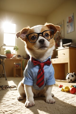 funny dressed puppy dog ​​with glasses, colorful apartment with many games, realistic environment with sun reflections and shadows, very high quality cinematographic scenography, breathtaking scene of a great masterpiece, crazy 8k graphics, everything wonderful and detailed photorealistic, kitakoumae