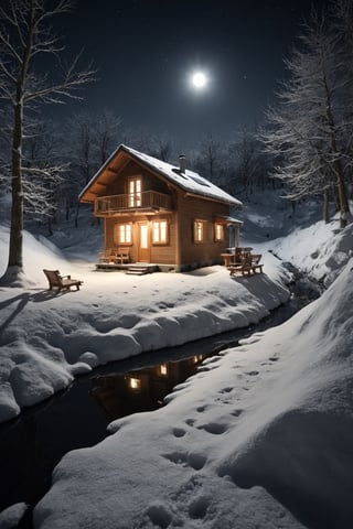 natural scenery, little house illuminated on a winter night, realistic environment with solar reflections and shadows, very high quality cinematographic scenography, breathtaking scene of a great masterpiece, crazy 8k graphics, everything wonderful and detailed photorealistic, kitakoumae