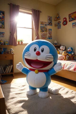 Doraemon puppet plays in his colorful bedroom with lots of games, realistic environment with solar reflections and shadows, very high quality cinematographic scenography, breathtaking scene of a great masterpiece, crazy 8k graphics, everything wonderful and photorealistic detailed, kitakoumae