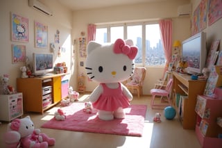 funny dressed puppy hello kitty, colorful apartment with many games, realistic environment with solar reflections and shadows, very high quality cinematographic scenography, breathtaking scene of a great masterpiece, crazy 8k graphics, everything wonderful and detailed photorealistic, kitakoumae