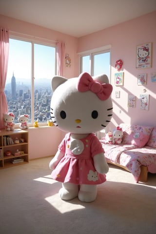 funny dressed puppy hello kitty, colorful apartment with many games, realistic environment with solar reflections and shadows, very high quality cinematographic scenography, breathtaking scene of a great masterpiece, crazy 8k graphics, everything wonderful and detailed photorealistic, kitakoumae