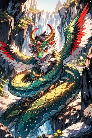 (quetzalcoatl, snake with iridicent wings,)High quality, masterpiece, 1boy, midjourney, eyesgod, perfect light, snake_eyes, brigth_red_puppils, medium_long black hair, REPTIL FurryCore, flying in a cave with shining crystals, aztec good
