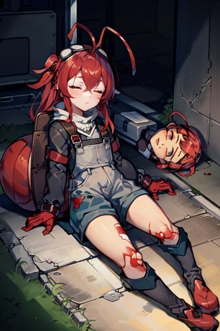 (masterpiece), best quality, expressive eyes, perfect face, 1litle girl ant_girl sleeping, solo, (portrait), (sleep full body), (on a lot of blood stain)loli female, red hair, goggles black on head like bandhead(two Red ant antennae on head), long hair, two ahoge, hair between eyes, closed eyes,Denim overall worker factory, red boots worker factory, big leather back pack ((red ant cosplay)) subway dark tunnel railroad tracks (sleeping on the floor) sleep very tired injury with blood and scars, innocent, preteen 
(Lying on the floor)very young (child)