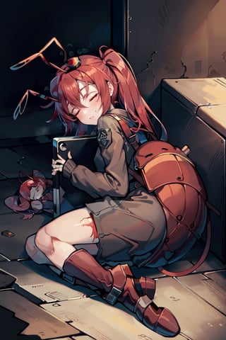 (masterpiece), best quality, expressive eyes, perfect face, 1litle girl ant_girl sleeping, solo, (portrait), (sleep full body), (on a lot of blood stain)loli female, red hair, goggles black on head like bandhead(two Red ant antennae on head), long hair, two ahoge, hair between eyes, closed eyes,Denim overall worker factory, red boots worker factory, big leather back pack ((red ant cosplay)) subway dark tunnel (sleeping on the floor) sleep very tired injury with blood and scars, innocent, preteen 
