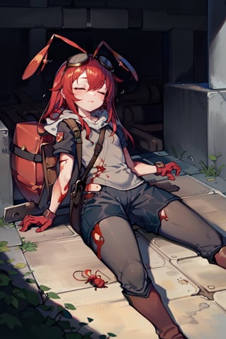 (masterpiece), best quality, expressive eyes, perfect face, 1litle girl ant_girl sleeping, solo, (portrait), (sleep full body), (on a lot of blood stain)loli female, red hair, goggles black on head like bandhead(two Red ant antennae on head), long hair, two ahoge, hair between eyes, closed eyes,Denim overall worker factory, red boots worker factory, big leather back pack ((red ant cosplay)) subway dark tunnel railroad tracks (sleeping on the floor) sleep very tired injury with blood and scars, innocent, preteen 
(Lying on the floor)very young 