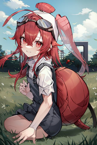 (masterpiece), (cosplay ant little girl) best quality, expressive eyes, perfect face, looking at viewer, 1girl ant_girl, solo, (portrait), (full body), loli female, red hair,(Red ant antennae on head), long hair, ahoge, goggles black like hairband, crossed bangs, hair between eyes, red eyes,Denim overall worker factory, big leather back pack like ant tail cosplay(field), lycoris radiata, sky