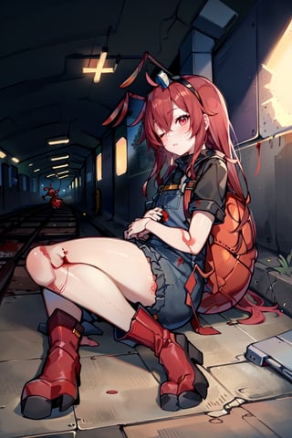 (masterpiece), best quality, expressive eyes, perfect face, 1litle girl ant_girl sleeping, solo, (portrait), (sleep full body), (on a lot of blood stain)loli female, red hair, goggles black on head like bandhead(two Red ant antennae on head), long hair, two ahoge, hair between eyes, closed eyes,Denim overall worker factory, red boots worker factory, big leather back pack ((red ant cosplay)) subway dark tunnel railroad tracks (sleeping on the floor) sleep very tired injury with blood and scars, innocent, preteen 
