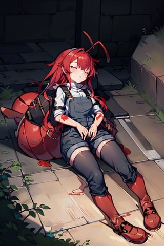 (masterpiece), best quality, expressive eyes, perfect face, 1litle girl ant_girl sleeping, solo, (portrait), (sleep full body), (on a lot of blood stain)loli female, red hair, goggles black on head like bandhead(two Red ant antennae on head), long hair, two ahoge, hair between eyes, closed eyes,Denim overall worker factory, red boots worker factory, big leather back pack ((red ant cosplay)) subway dark tunnel railroad tracks (sleeping on the floor) sleep very tired injury with blood and scars, innocent, preteen 
(Lying on the floor)