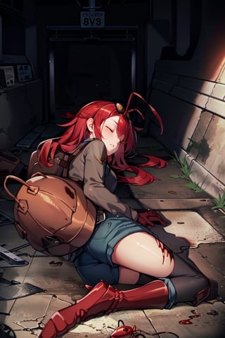 (masterpiece), best quality, expressive eyes, perfect face, 1litle girl ant_girl sleeping, solo, (portrait), (sleep full body), (on a lot of blood stain)loli female, red hair, goggles black on head like bandhead(two Red ant antennae on head), long hair, two ahoge, hair between eyes, closed eyes,Denim overall worker factory, red boots worker factory, big leather back pack ((red ant cosplay)) subway dark tunnel railroad tracks (sleeping on the floor) sleep very tired injury with blood and scars, innocent, preteen 
(Lying on the floor)