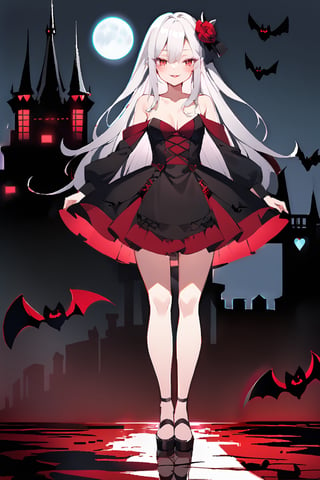 1girl, (vampire girl:1.4), white hair, (red eyes), glowing eyes, slit pupils, (blood, blood splatter), small dress, cleavage, long hair, collarbone, parted lips, fangs, makeup, blush, night, reflection, full moon, moonlight, rose, castle, shadow, darkness, bat \(animal\), Kawaii, smiling, full body