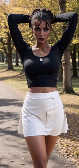 french girl, (slender:1.5) curvaceous figure, sexy thighs, ((tanned skin)), long dark hair, ((hair tied back)), ((plain black skin tight tshirt)), long sleeves, bare midriff, (((full length flowing cotton skirt worn very low on hips))), ((large breasts)), autumn_leaves, in park, sunshine, ((pendant)),Epic Poses,SEXY POSE,Striking pose