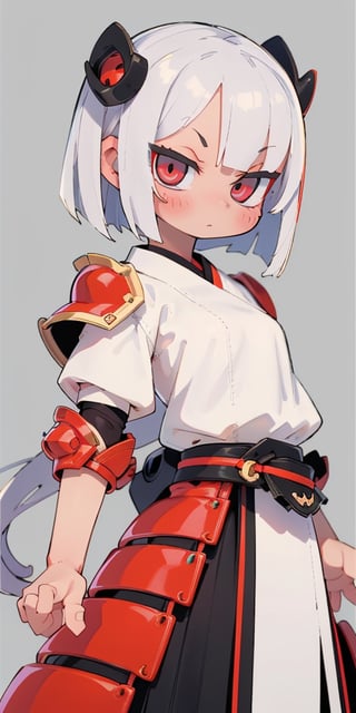 (dinamic pose), (face of a 20 year old girl, body of a 20 year old girl), crimson red eyes, bob style hair white, female samurai, armor, flying, , skirt, horror style, area lighting