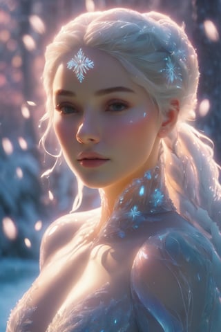 the frozen, woman water body, nature, subsurface scattering, transparent, translucent skin, glow, bloom, Bioluminescent liquid,3d style,cyborg style,Movie Still,Leonardo Style, warm color, vibrant, volumetric light,dfdd,Xxmix_Catecat