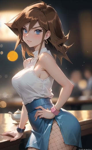 (masterpiece), (extremely intricate:1.3), (realistic), (portrait of Tea Gardner from Yu-Gi-Oh:1.4), (dark blue eyes:1.5), (shoulder length hair), (brown hair:1.4),  the most beautiful in the world, (she is wearing a yellow sleeveless top and pink skirt), (fishnets:1.3), (thick hips), metal reflections, intense sunlight, (she is on a restaurant), professional photograph of a stunning woman detailed, sharp focus, dramatic, award winning, cinematic lighting, octane render  unreal engine,  volumetrics dtx, (film grain, blurry background, blurry foreground, bokeh, depth of field, motion blur:1.3), her pleasure expression is looking to the viewer:1.2,1girl,anzu_yugioh