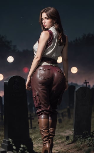 (masterpiece), (extremely intricate:1.3), (realistic), (portrait of Helen Harper from Resident Evil), (back long hair), (brown hair:1.4), (brown eyes), the most beautiful in the world, (she is wearing a white tank top), (under a sleeveless burgundy jacket that remains unbuttoned:1.3),  (tight brown cargo pants that are tucked into knee-high dark brown leather boots with high heels), metal reflections, (hourglass body figure), (thick hips), she is on a graveyard holding a gun, intense moonlight, professional photograph of a stunning woman detailed, sharp focus, dramatic, award winning, cinematic lighting, octane render  unreal engine,  volumetrics dtx, (film grain, blurry background, blurry foreground, bokeh, depth of field, motion blur:1.3), chainmail