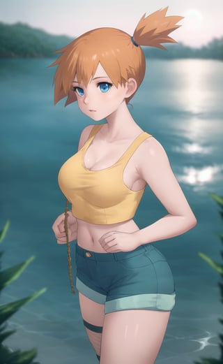 (masterpiece), (extremely intricate:1.3), (realistic), (portrait of Misty from pokemon:1.4), (blue eyes:1.5), (short high ponytail hairstyle:1.4), (orange hair:1.4),  the most beautiful in the world, (she is wearing a yellow top and denim shorts), (fishnets:1.3), (thick hips), (right side view:1.2), metal reflections, (hourglass body figure), intense moonlight, (she is on a shore of a river), professional photograph of a stunning woman detailed, sharp focus, dramatic, award winning, cinematic lighting, octane render  unreal engine,  volumetrics dtx, (film grain, blurry background, blurry foreground, bokeh, depth of field, motion blur:1.3), chainmail, her pleasure expression is looking to the viewer