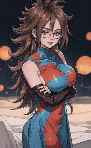 (masterpiece), (extremely intricate:1.3), (realistic), (portrait of Android 21 from dragon ball), (brown hair:1.4), glasses, the most beautiful in the world, (she is wearing a sexy doctor attire:1.2), metal reflections, (big boobs), (view from right side), (overboob), crossing her arms under chest:1.4, she is on a lab, intense sunlight, professional photograph of a stunning woman detailed, sharp focus, dramatic, award winning, cinematic lighting, octane render  unreal engine,  volumetrics dtx, (film grain, blurry background, blurry foreground, depth of field, motion blur:1.3), she is smiling looking at viewer,defa21, checkered dress