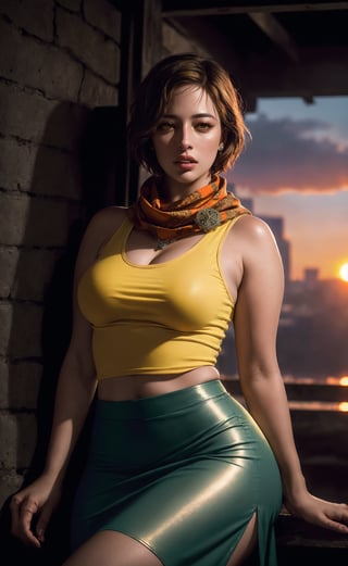 (masterpiece), (extremely intricate:1.3), (realistic), (portrait of Ashley Graham from Resident Evil), (yellow short hair:1.3), (amber eyes), the most beautiful in the world, (she is wearing a tight orange sleeveless top, red scarf and green skirt), metal reflections, (hourglass body figure), she is on a dungeon, (she is resting against a wall), intense sunlight, professional photograph of a stunning woman detailed, sharp focus, dramatic, award winning, cinematic lighting, octane render  unreal engine,  volumetrics dtx, (film grain, blurry background, blurry foreground, bokeh, depth of field, sunset, motion blur:1.3), chainmail