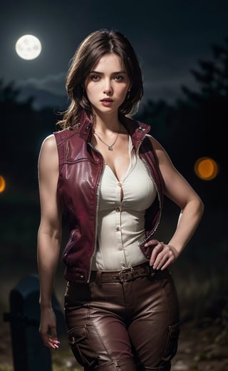 (masterpiece), (extremely intricate:1.3), (realistic), (portrait of Helen Harper from Resident Evil), (dark brown hair), (long hair), (brown eyes), the most beautiful in the world, (she is wearing a white tank top), (under a sleeveless burgundy jacket that remains unbuttoned:1.3),  (tight brown cargo pants that are tucked into knee-high dark brown leather boots with high heels), metal reflections, (hourglass body figure), (thick hips), she is on a graveyard, intense moonlight, professional photograph of a stunning woman detailed, sharp focus, dramatic, award winning, cinematic lighting, octane render  unreal engine,  volumetrics dtx, (film grain, blurry background, blurry foreground, bokeh, depth of field, motion blur:1.3), chainmail