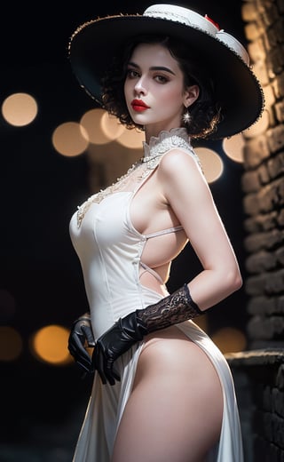 (masterpiece), (extremely intricate:1.3), (realistic), (portrait of Alcina Dimitrescu from Resident Evil), (taller woman), (black short curly hair), (yellow eyes), (pale white skin:1.3), (thick red lips), the most beautiful in the world, (view from side), (she is wearing a white fancy dress:1.3), ((black gloves)), ((black large wide-brimmed hat:1.4)), black hat, metal reflections, (hourglass body figure), (thick hips), she is on a castle, intense moonlight, professional photograph of a stunning woman detailed, sharp focus, dramatic, award winning, cinematic lighting, octane render  unreal engine,  volumetrics dtx, (film grain, blurry background, blurry foreground, bokeh, depth of field, motion blur:1.3), 