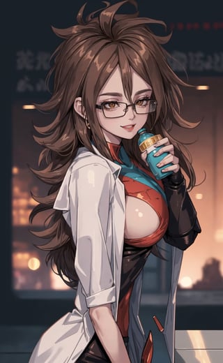 (masterpiece), (extremely intricate:1.3), (realistic), (portrait of Android 21 from dragon ball), (brown hair:1.4), glasses, the most beautiful in the world, (she is wearing a sexy doctor attire:1.2), metal reflections, (big boobs), (view from right side), she is on a lab, intense sunlight, she is holding a bottle:1.3, professional photograph of a stunning woman detailed, sharp focus, dramatic, award winning, cinematic lighting, octane render  unreal engine,  volumetrics dtx, (film grain, blurry background, blurry foreground, depth of field, motion blur:1.3), she is smiling looking at viewer