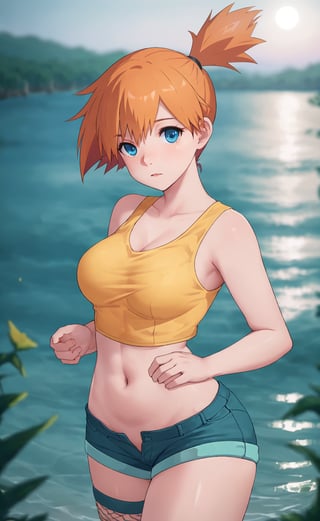 (masterpiece), (extremely intricate:1.3), (realistic), (portrait of Misty from pokemon:1.4), (blue eyes:1.5), (short high ponytail hairstyle:1.4), (orange hair:1.4),  the most beautiful in the world, (she is wearing a yellow top and denim shorts), (fishnets:1.3), (thick hips), metal reflections, (hourglass body figure), intense moonlight, (she is on a shore of a river), professional photograph of a stunning woman detailed, sharp focus, dramatic, award winning, cinematic lighting, octane render  unreal engine,  volumetrics dtx, (film grain, blurry background, blurry foreground, bokeh, depth of field, motion blur:1.3), her pleasure expression is looking to the viewer:1.2