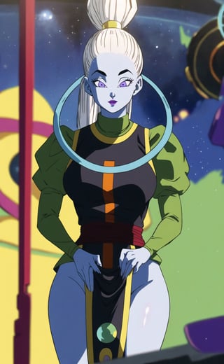 (masterpiece), (extremely intricate:1.3), (realistic), (portrait of Vados from dragon ball), the most beautiful in the world, (pale blue skin), (she is wearing her attire with a loincloth), metal reflections, (thick hips), she is on a space ship, intense moonlight, professional photograph of a stunning woman detailed, sharp focus, dramatic, award winning, cinematic lighting, octane render  unreal engine,  volumetrics dtx, (film grain, blurry background, blurry foreground, depth of field, motion blur:1.3), she is smiling looking at viewer,Vados_DB