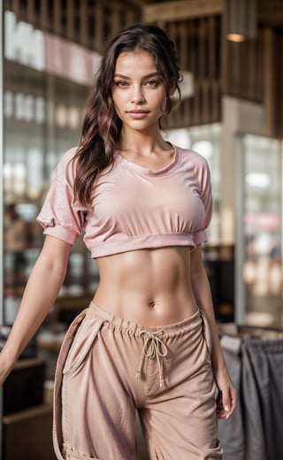 (masterpiece), sfw, (extremely intricate:1.3),  (realistic),  (portrait of a 22 yo woman:1.3), black hair:1.2, wavy low ponytail:1.2, light brown eyes:1.2, the most beautiful in the world, (pink baggy pants:1.4), white blouse, medium boobs, thick hips:1.3, metal reflections, she is inside a  store just in a beach, (perfect hips), sweating:1.3, intense sunlight, professional photograph of a stunning woman detailed, sharp focus, dramatic, award winning, cinematic lighting,  octane render, unreal engine,  volumetrics dtx,  (film grain,  blurry background,  blurry foreground,  depth of field,  motion blur:1.3),  she is sexy smiling looking at viewer