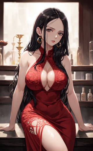 (masterpiece), (extremely intricate:1.3), (realistic), (portrait of Boa Hancock from one piece), mature face:1.2, (dark eyes), (long black hair:1.3), (locks of hair that frame her face:1.4), (she is wearing a red dress),(overboob), the most beautiful in the world, high heels, snake earrings, metal reflections, (hourglass body figure), she is on a bar, intense light, professional photograph of a stunning woman detailed, sharp focus, dramatic, award winning, cinematic lighting, octane render  unreal engine,  volumetrics dtx, (film grain, blurry background, blurry foreground, depth of field, motion blur:1.3), chainmail, her sexy expression is looking to the viewer