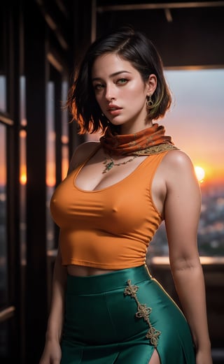 (masterpiece), (extremely intricate:1.3), (realistic), (portrait of Ashley Graham), blond short hair, (amber eyes), the most beautiful in the world, (she is wearing a tight orange sleeveless top, red scarf and green skirt), metal reflections, (hourglass body figure), she is on a dungeon, she is resting against a wall, intense sunlight, professional photograph of a stunning woman detailed, sharp focus, dramatic, award winning, cinematic lighting, octane render  unreal engine,  volumetrics dtx, (film grain, blurry background, blurry foreground, bokeh, depth of field, sunset, motion blur:1.3), chainmail