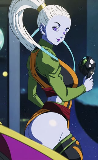 (masterpiece), (extremely intricate:1.3), (realistic), (portrait of Vados from dragon ball), the most beautiful in the world, (pale blue skin), (she is wearing her attire with a loincloth), metal reflections, (thick hips), she is on a space ship:1.3, (view from side), intense moonlight, professional photograph of a stunning woman detailed, sharp focus, dramatic, award winning, cinematic lighting, octane render  unreal engine,  volumetrics dtx, (film grain, blurry background, blurry foreground, depth of field, motion blur:1.3), she is smiling looking at viewer,Vados_DB